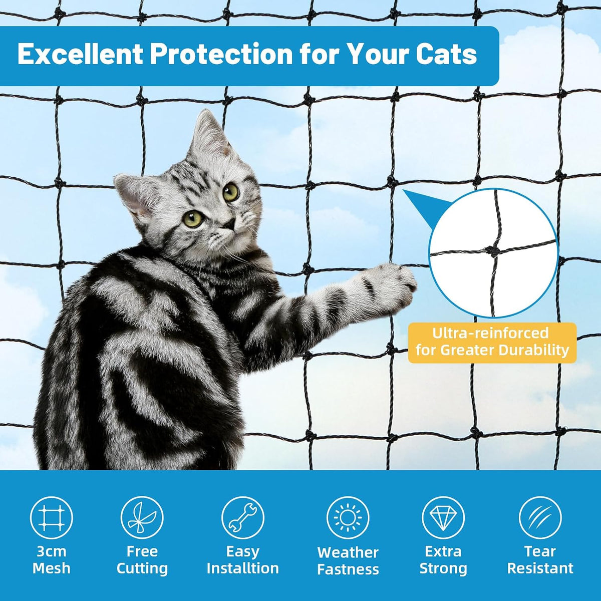 Lewondr Cat Balcony Safety Net – 10 × 13 ft Reinforced Mesh