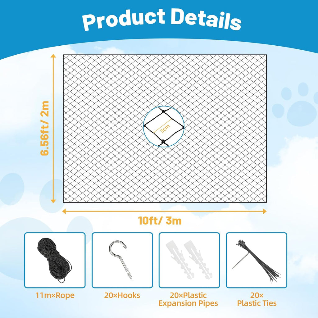 Lewondr Cat Balcony Safety Net – 10 × 13 ft Reinforced Mesh