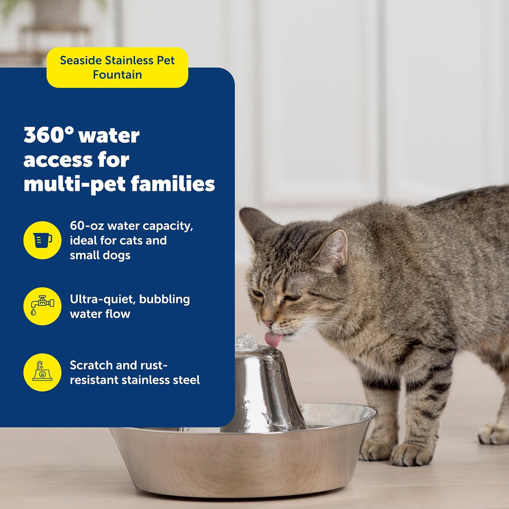 PetSafe Seaside Stainless Steel Cat Water Fountain – 60 oz