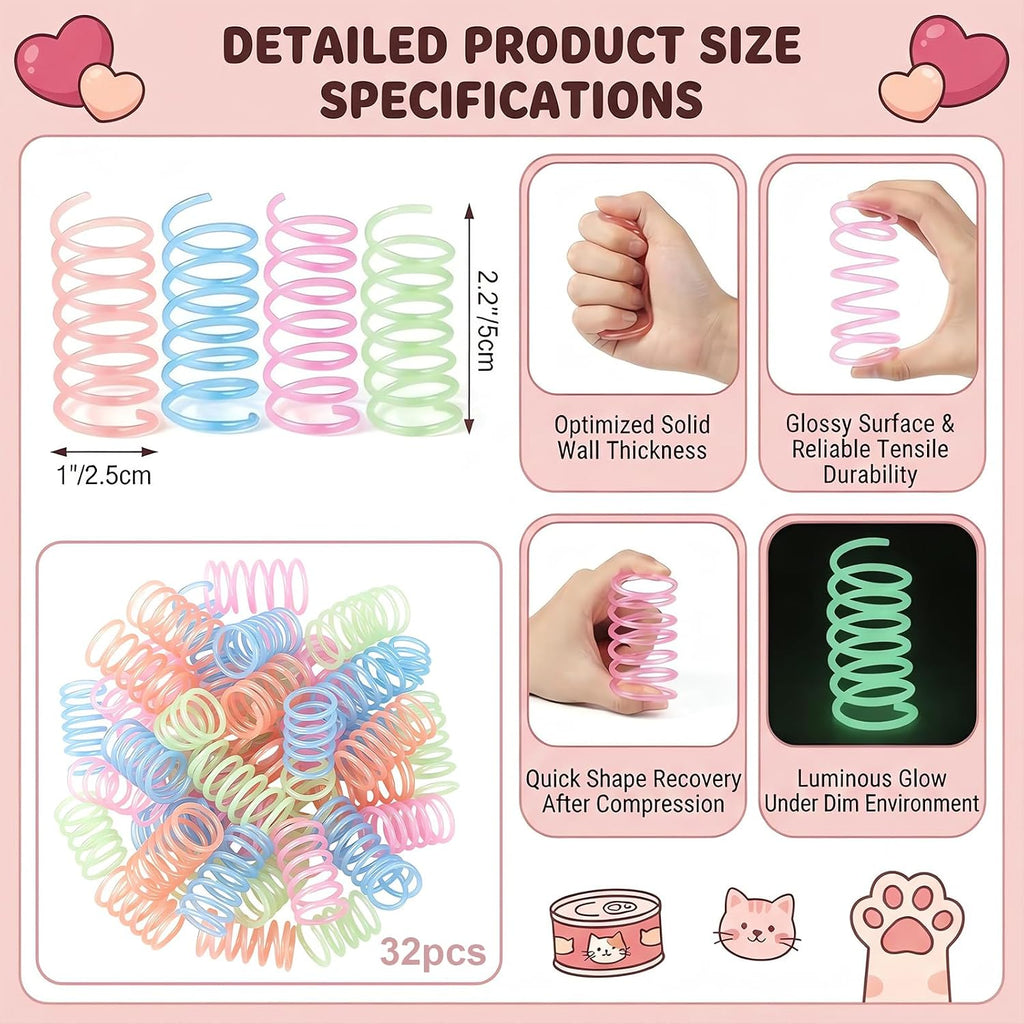 32-PIECE GLOW-IN-THE-DARK CAT SPRINGS - COLORFUL SPIRAL TOYS